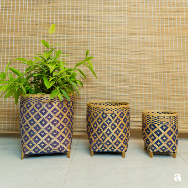 COBALT - Woven Design Bamboo Planter (Blue and Natural)