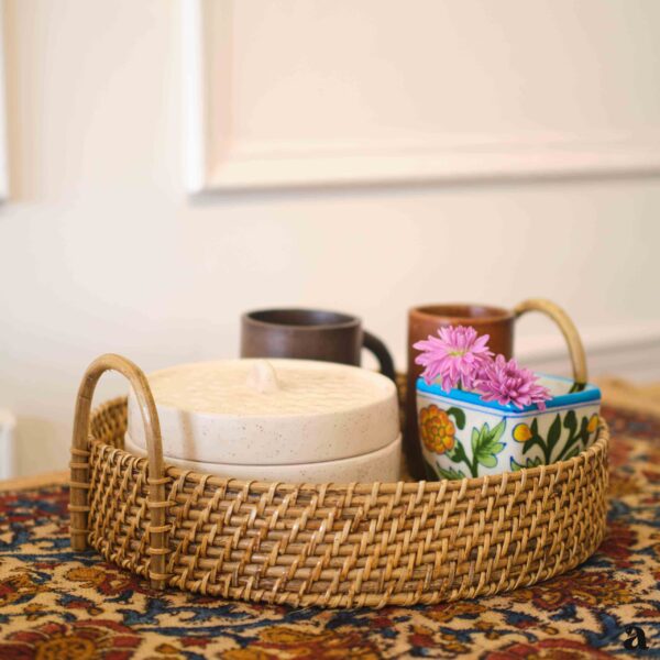 VAYAN - Cane Round Tray with handles